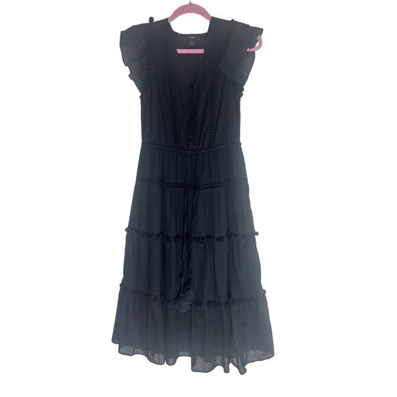 J.Crew Re-Imagined Women's Black Ruffle Tiered Midi Dress Cotton Blend - Picture 2 of 15